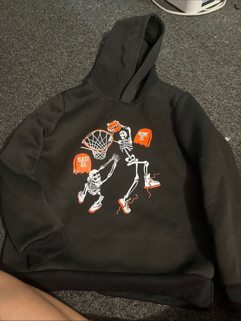 Black Men's Hoodie with Orange & White Skeleton Basketball Graphic